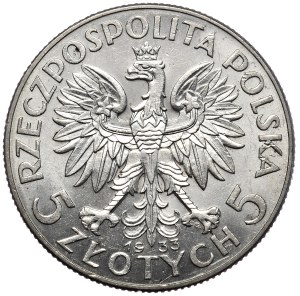 II Rzeczpospolita, 5 zloty 1933, woman's head, Warsaw