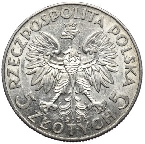 II Rzeczpospolita, 5 zloty 1934, woman's head, Warsaw