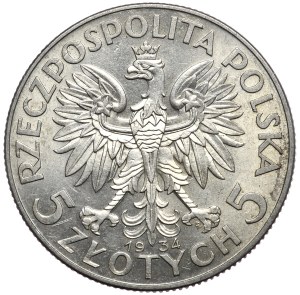 II Rzeczpospolita, 5 zloty 1934, woman's head, Warsaw