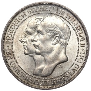 Germany, Prussia, 3 marks 1911 A, Berlin, 100th anniversary of the University of Breslau