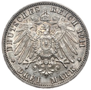 Germany, Württemberg, 3 marks 1911 F, Stuttgart, 25th wedding anniversary
