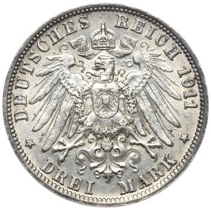 Germany, Württemberg, 3 marks 1911 F, Stuttgart, 25th wedding anniversary