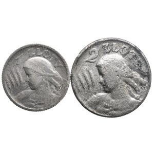 II Rzeczpospolita, 2 złote 1925, Kobieta i kłosy, Londyn i 1 złoty 1924, kobieta i kłosy - zestaw 2 szt.