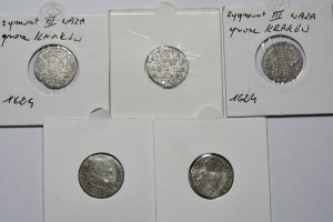 A set of 5 pennies of Sigismund III Vasa - Krakow, Gdansk, Vilnius