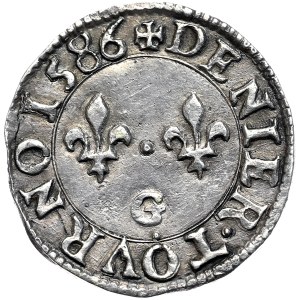 Henryk Walezy, denar turoński (denier tournois) 1586 G, Poitiers, odbitka w srebrze. Wielka rzadkość !!!