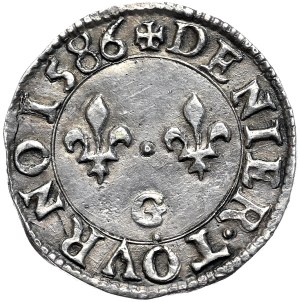 Henry of Valois, Turin denarius (denier tournois) 1586 G, Poitiers, print in silver. Great rarity !!!