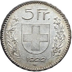 Szwajcaria, 5 Franków, 1922r. B, Berno, rzadki rocznik