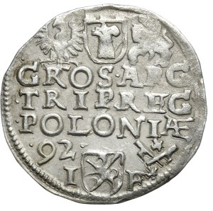Sigismund III Vasa, trojak 1592, Poznań, wide face of the king, date on the left