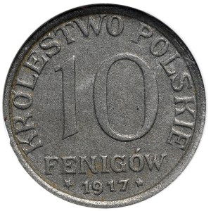 Królestwo Polskie, 10 fenigów 1917, napis blisko obrzeża. Rzadkie