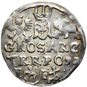 Zygmunt III Waza, trojak 1597, skrócona data w drugim wierszu, monogram Reysnera bez obwódki