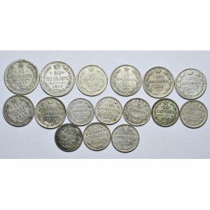 Rosja, Zestaw 16 szt. monet 20,15 i 10-kopiejkowych 1902-1916