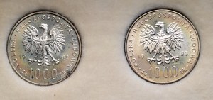 People's Republic of Poland, Set of 2 x 1000 zloty 1982 and 1983, John Paul II in a box