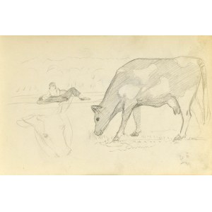 Stanisław ŻURAWSKI (1889-1976), Szkic pasącej się krowy oraz leżącej w dali pary, 1924