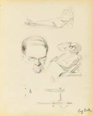 Eugene ZAK (1887-1926), Sketches of a man's head, a reclining male figure, a piece of furniture, a dog, 1904