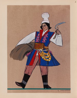 Zofia Stryjeńska (1891 Kraków - 1976 Genewa), Chłop z Krakowskiego (bluza i wełniana czapka), plansza III z teki 'Polish Peasants' Costumes', 1939