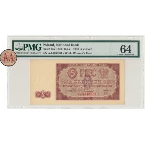 5 zlotys 1948 - AA - PMG 64