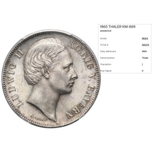 Allemagne, Royaume de Bavière, Louis II, thaler de Munich 1865 - PCGS MS63
