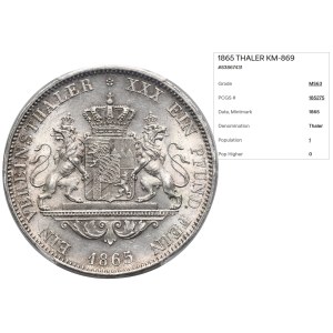 Allemagne, Royaume de Bavière, Louis II, thaler de Munich 1865 - PCGS MS63