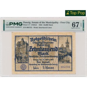 Gdaňsk, 10.000 marek 1923 - PMG 67 EPQ - OKAZOWY - vzácné