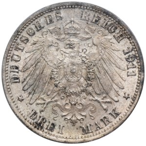 Německo, Württemberské království, Wilhelm II, 3 marky Stuttgart 1911 F - PCGS MS64