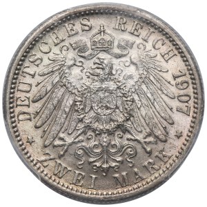 Německo, Württemberské království, Wilhelm II, 2 marky Stuttgart 1907 F - PCGS MS64