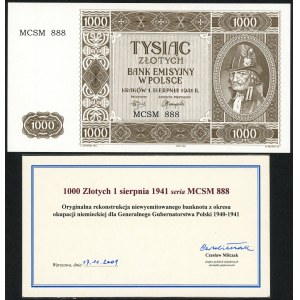 Rekonstrukcja - 1000 złotych 1941 (2004) Krakowiak - nr 888 + certyfikat Czesława Miłczaka