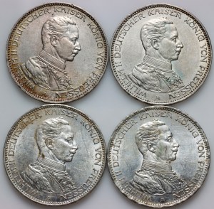 Germany, Prussia, Wilhelm II, 3 Mark coin set 1914 A, Berlin, (4 pieces)