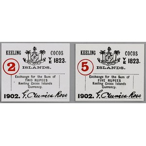 Cocos Islands, 2 and 5 rupees 1902, REPRINT