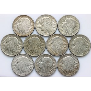 II RP, zestaw monet 5 złotych 1932-1934, Głowa Kobiety, (10 sztuk)