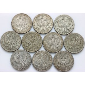 II RP, zestaw monet 5 złotych 1932-1934, Głowa Kobiety, (10 sztuk)