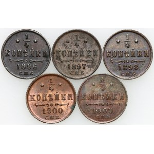 Russia, Nicholas II, 1/4 Kopeck, set of coins from 1896-1909, (5 pieces)