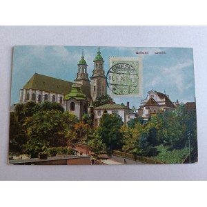 POCZTÓWKA GNIEZNO KATEDRA, ZNACZEK, STEMPEL 1926 R