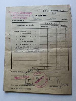 NIEDOBCZYCE, RYBNIK, RECEIPT 1948, COMMUNITY CASH OFFICE