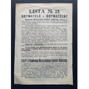 [Narodowy Mieszczański Komitet Wyborczy] Lista Nr 14. Obywatele i Obywatelki! Warszawa [1919]