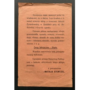 [Reklama] ŻYCHLIN [łódzkie] Sklepu NATALIA STENCEL z towarami fabryki Żyrardowskiej [przed 1914]