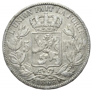 Belgium, 5 francs, 1868.