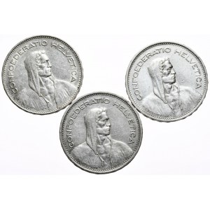 Szwajcaria, 5 Franków, 1933-39, 3 szt.