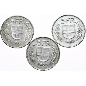 Szwajcaria, 5 Franków, 1933-39, 3 szt.