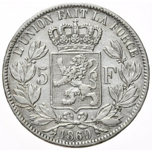 Belgium, 5 francs, 1869.