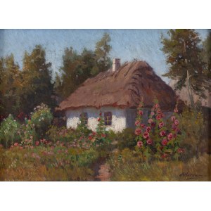 Ludwik Werner (1900 - 1961), Pejzaż z chatą i malwami