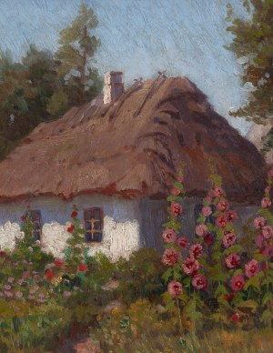 Ludwik Werner (1900 - 1961), Pejzaż z chatą i malwami