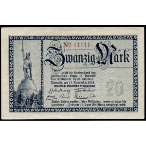 Germany. Detmold 20 Mark 1918 Solid Serial Number 11111