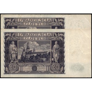 Poland. 1936 20 Zlotych Prefix CU Consecutive Pair