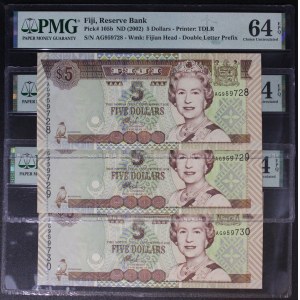 Fiji. 5 Dollars 2002 3 Consecutive Pcs