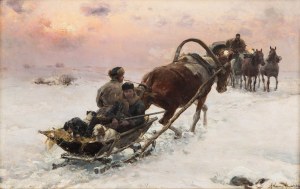 Alfred Wierusz-Kowalski (1849 Suwałki - 1915 Monachium), Zimowe spotkanie. Myśliwi w drodze na polowanie, lata 1890-1900