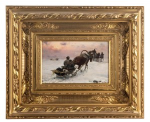 Alfred Wierusz-Kowalski (1849 Suwałki - 1915 Monachium), Zimowe spotkanie. Myśliwi w drodze na polowanie, lata 1890-1900