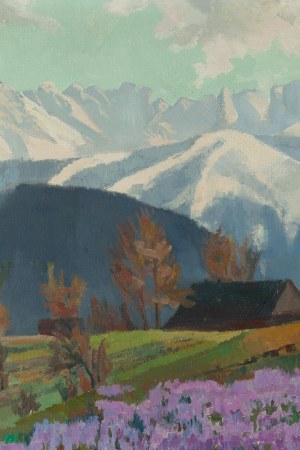 Franciszek Wójcik (1903 Wojciechowo - 1984 Zakopane), Pejzaż tatrzański z krokusami