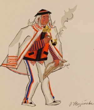 Zofia Stryjeńska (1891 Kraków - 1976 Genewa), Stary muzyk z Zakopanego, plansza XXIV z teki 'Polish Peasants' Costumes', 1939