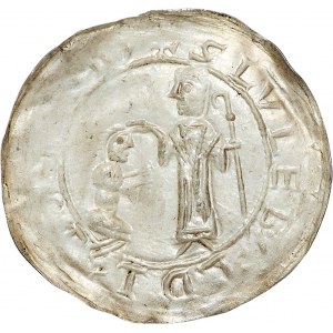 Bolesław III Krzywousty 1107-1138, brakteat pokutniczy, Av.: Św. Wojciech błogosławi klęczącego księcia