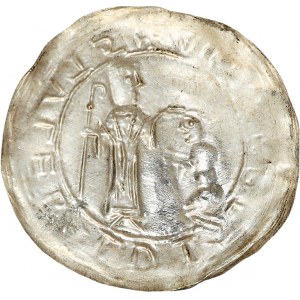 Bolesław III Krzywousty 1107-1138, brakteat pokutniczy, Av.: Św. Wojciech błogosławi klęczącego księcia